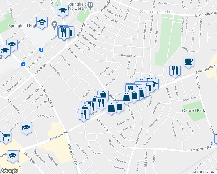 map of restaurants, bars, coffee shops, grocery stores, and more near 571 Evans Road in Springfield