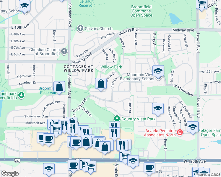 map of restaurants, bars, coffee shops, grocery stores, and more near 12430 Vrain Circle in Broomfield