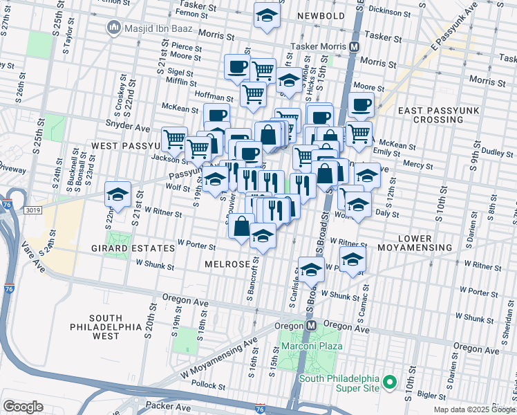 map of restaurants, bars, coffee shops, grocery stores, and more near 2311 South Chadwick Street in Philadelphia