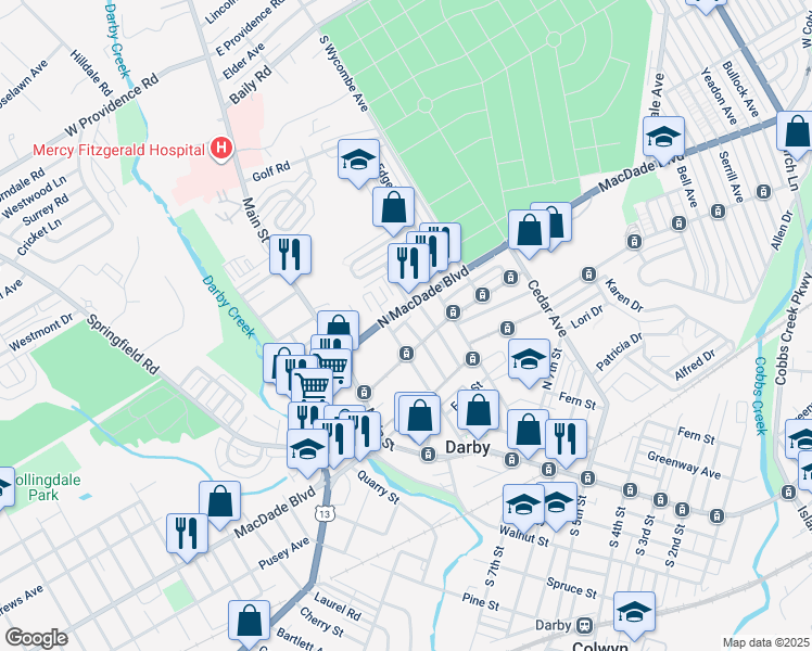 map of restaurants, bars, coffee shops, grocery stores, and more near 110 Mulberry Street in Darby