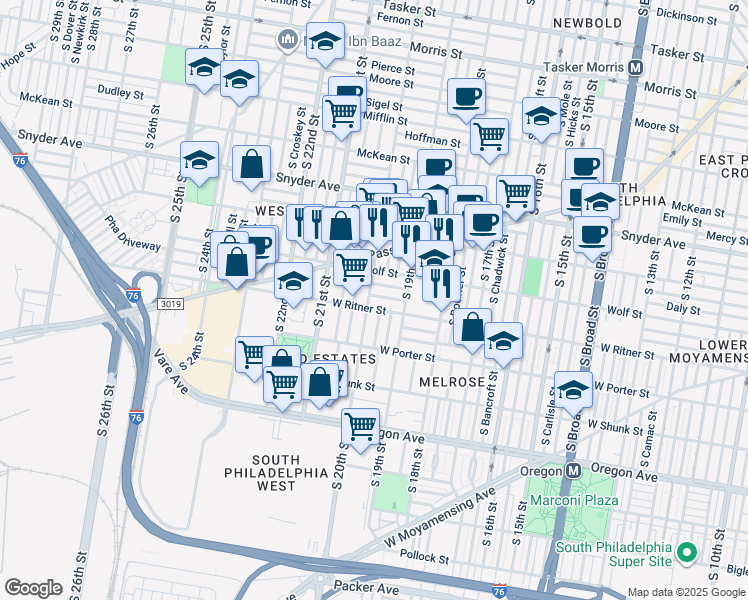 map of restaurants, bars, coffee shops, grocery stores, and more near 1948 Fitzgerald Street in Philadelphia