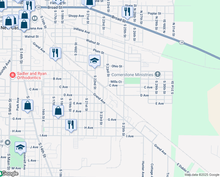 map of restaurants, bars, coffee shops, grocery stores, and more near 2310 C Ave in New Castle