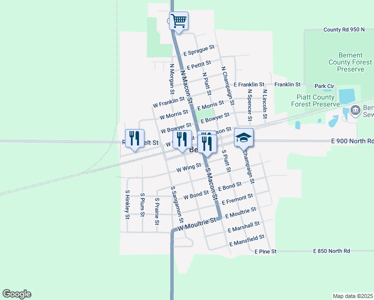 map of restaurants, bars, coffee shops, grocery stores, and more near 148 West Bodman Street in Bement