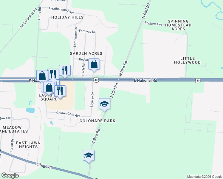 map of restaurants, bars, coffee shops, grocery stores, and more near 35 South Bird Road in Springfield