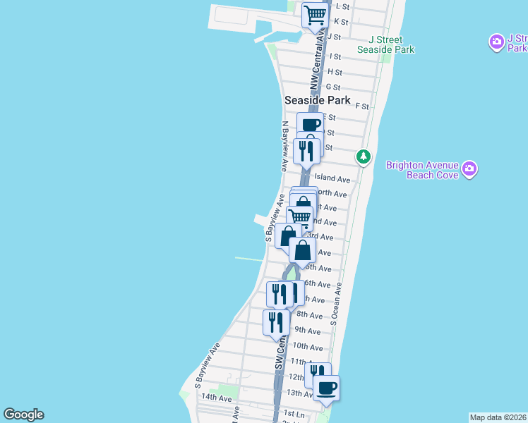 map of restaurants, bars, coffee shops, grocery stores, and more near 124 2nd Avenue in Seaside Park