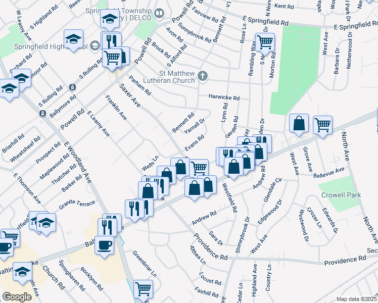 map of restaurants, bars, coffee shops, grocery stores, and more near 571 Evans Road in Springfield