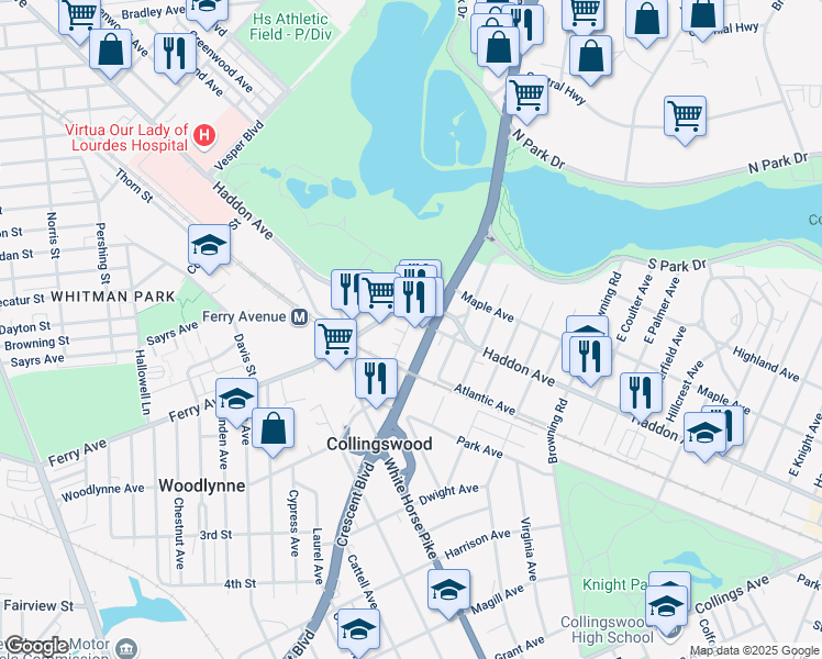 map of restaurants, bars, coffee shops, grocery stores, and more near 5 East Crescent Boulevard in Collingswood