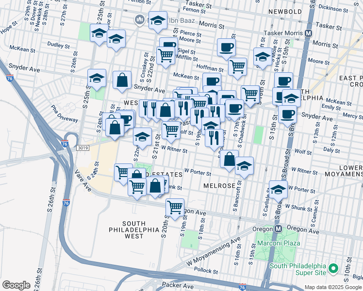 map of restaurants, bars, coffee shops, grocery stores, and more near 1948 Fitzgerald Street in Philadelphia