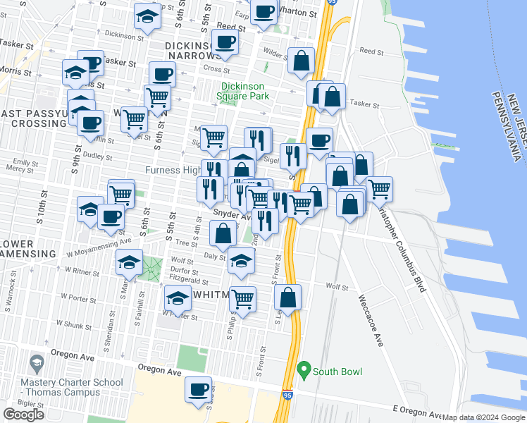 map of restaurants, bars, coffee shops, grocery stores, and more near 150 Mercy Street in Philadelphia