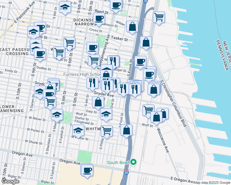 map of restaurants, bars, coffee shops, grocery stores, and more near 150 Mercy Street in Philadelphia