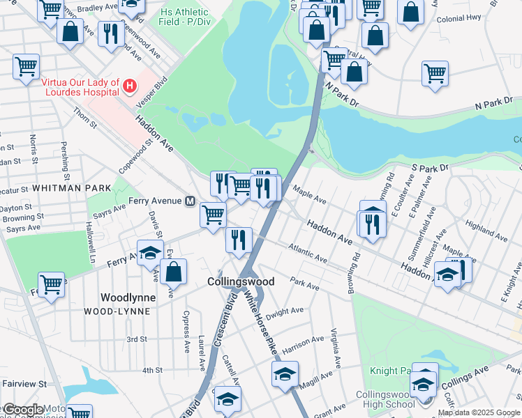 map of restaurants, bars, coffee shops, grocery stores, and more near 5 East Crescent Boulevard in Collingswood