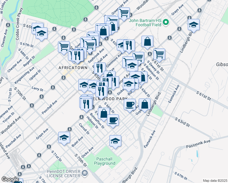 map of restaurants, bars, coffee shops, grocery stores, and more near 6420 Elmwood Avenue in Philadelphia
