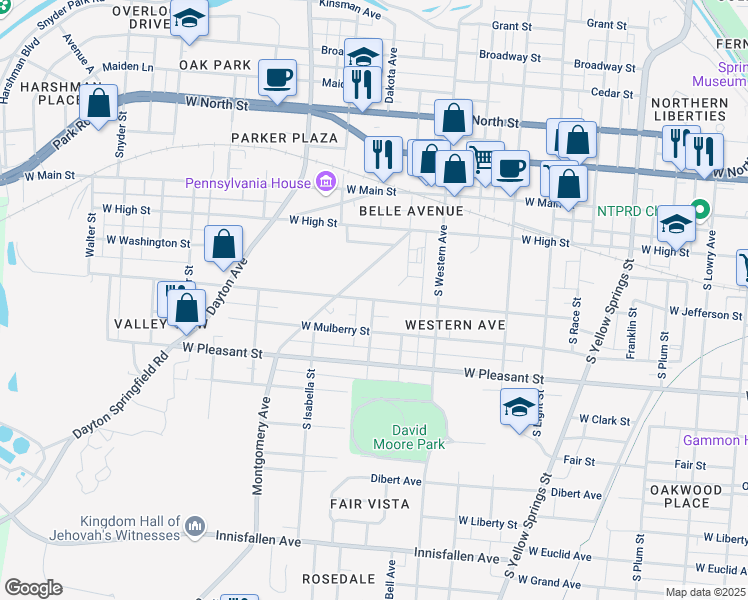map of restaurants, bars, coffee shops, grocery stores, and more near 1198 West Jefferson Street in Springfield