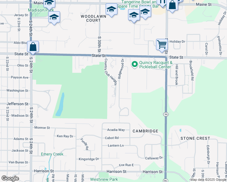 map of restaurants, bars, coffee shops, grocery stores, and more near 740 Country Club Heights in Quincy