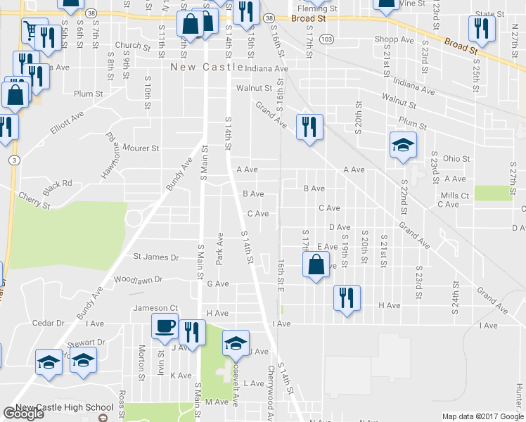map of restaurants, bars, coffee shops, grocery stores, and more near 942 South 15th Street in New Castle