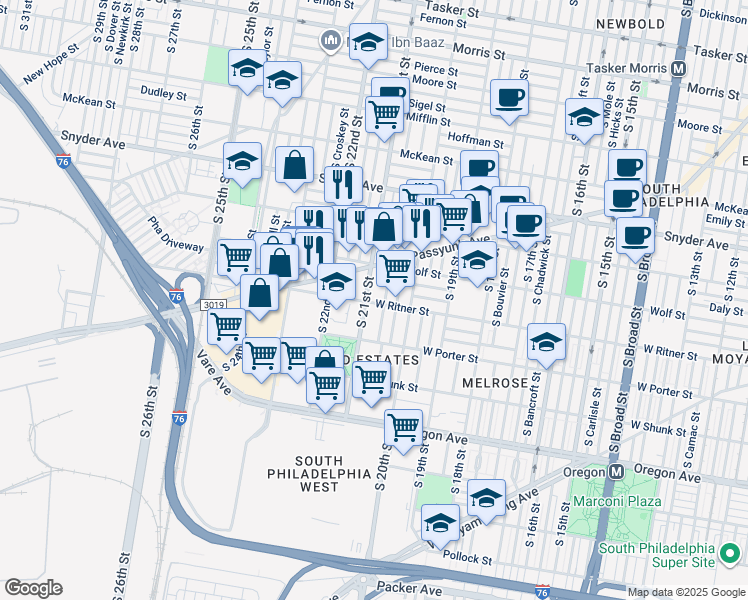 map of restaurants, bars, coffee shops, grocery stores, and more near 2335 South 21st Street in Philadelphia