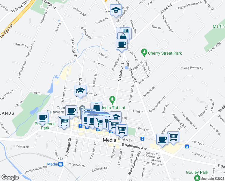 map of restaurants, bars, coffee shops, grocery stores, and more near 36 East 5th Street in Media
