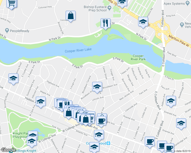 map of restaurants, bars, coffee shops, grocery stores, and more near 614 Cedar Avenue in Collingswood