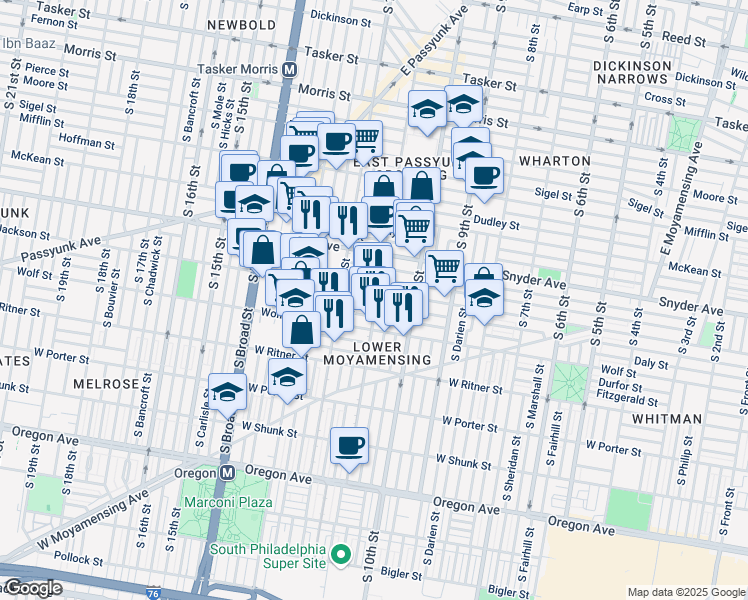 map of restaurants, bars, coffee shops, grocery stores, and more near 1121 Jackson Street in Philadelphia