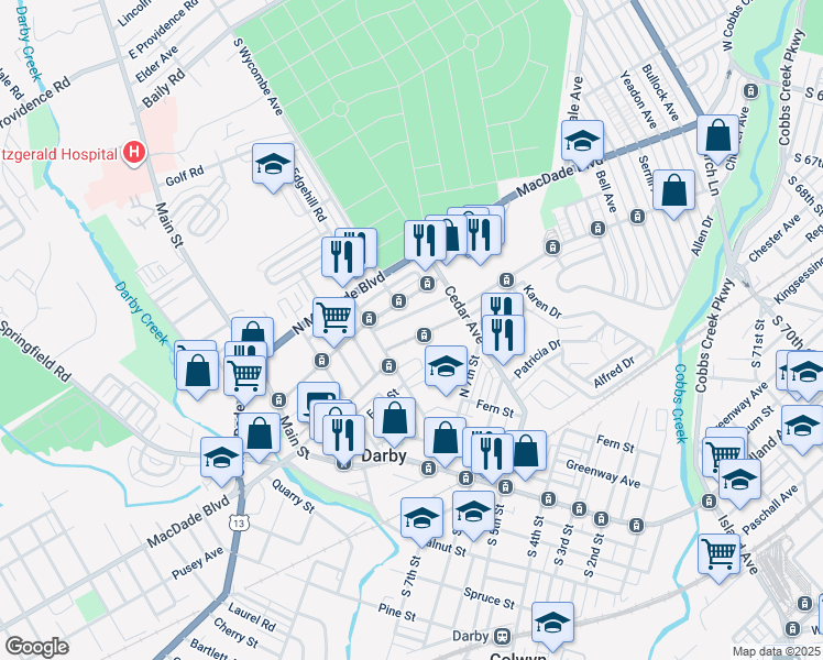 map of restaurants, bars, coffee shops, grocery stores, and more near 225 North 9th Street in Darby