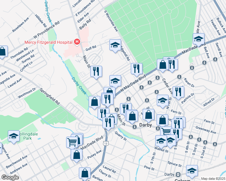 map of restaurants, bars, coffee shops, grocery stores, and more near 1205 Main Street in Darby
