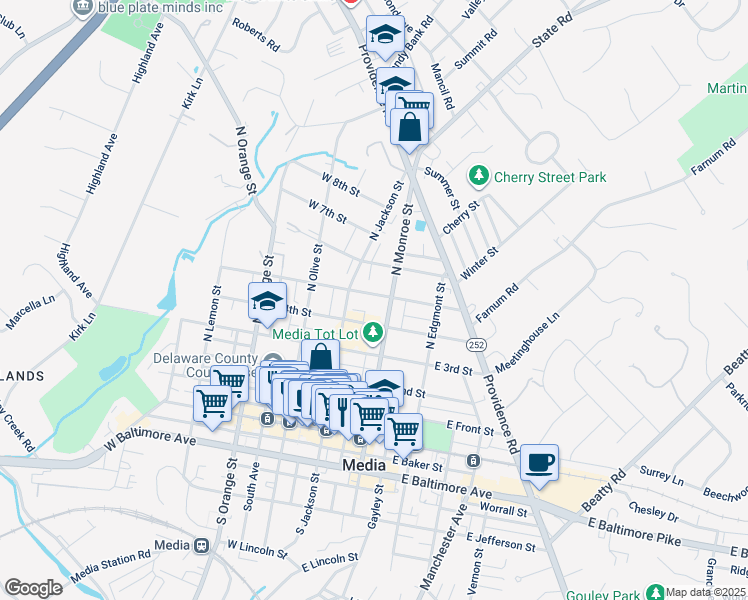 map of restaurants, bars, coffee shops, grocery stores, and more near 31 East 5th Street in Media