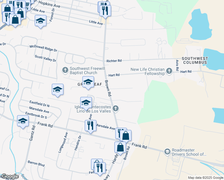 map of restaurants, bars, coffee shops, grocery stores, and more near 1364 Greenleaf Road in Columbus