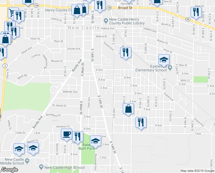 map of restaurants, bars, coffee shops, grocery stores, and more near 930 South 15th Street in New Castle