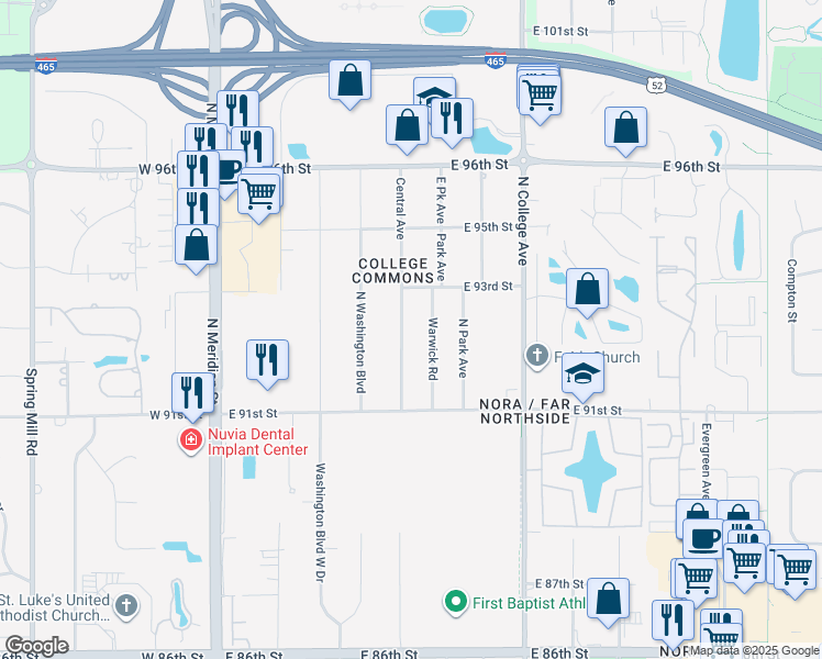 map of restaurants, bars, coffee shops, grocery stores, and more near 9222 Central Avenue in Indianapolis