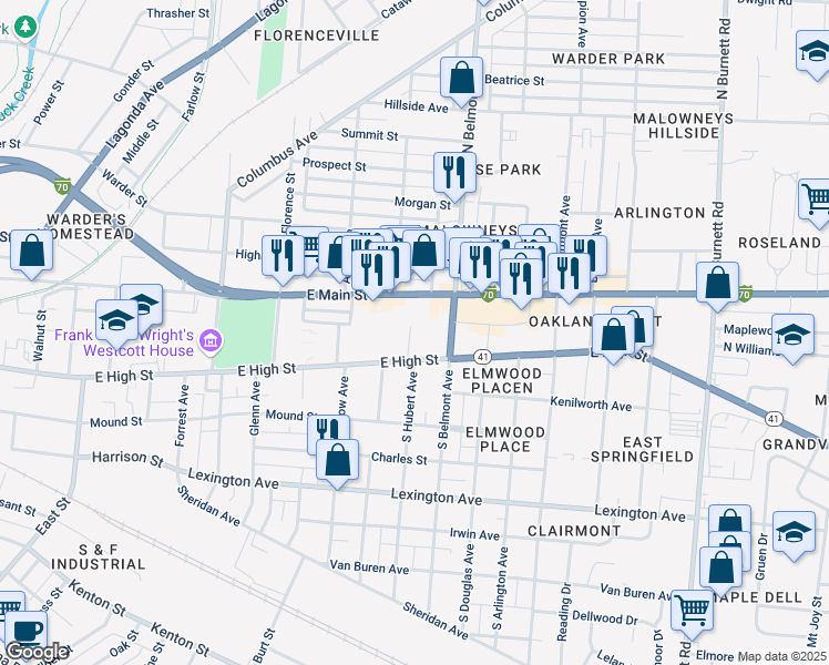 map of restaurants, bars, coffee shops, grocery stores, and more near 108 South Hubert Avenue in Springfield