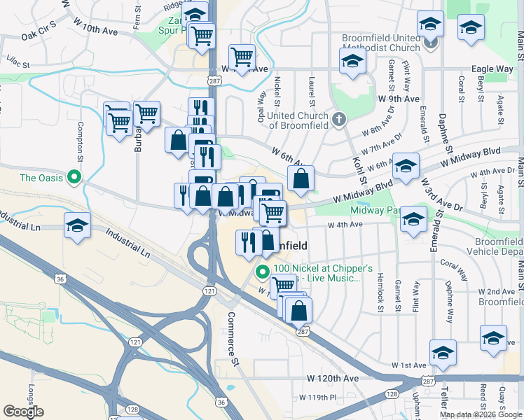 map of restaurants, bars, coffee shops, grocery stores, and more near Nickel Street in Broomfield