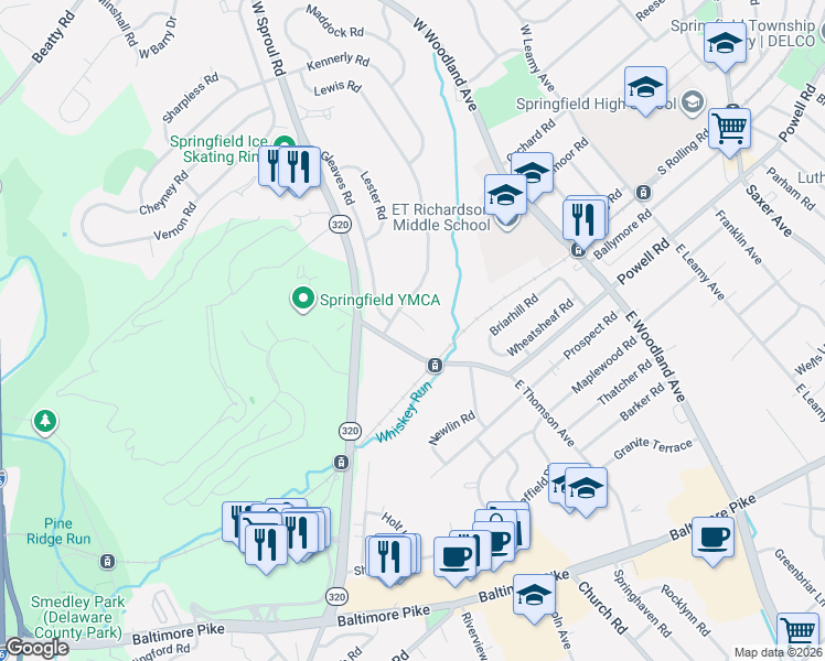 map of restaurants, bars, coffee shops, grocery stores, and more near 132 Gleaves Road in Springfield