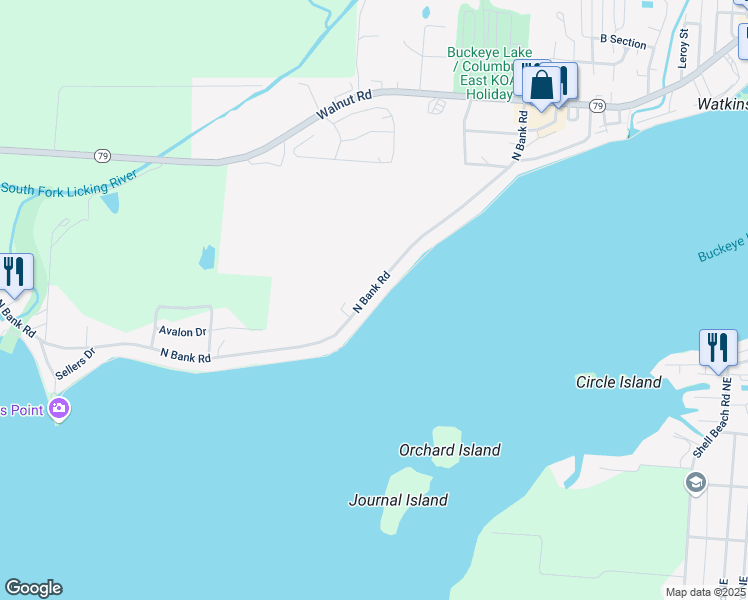 map of restaurants, bars, coffee shops, grocery stores, and more near 4265 North Bank Road in Millersport