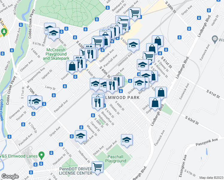 map of restaurants, bars, coffee shops, grocery stores, and more near 6531 Reedland Street in Philadelphia