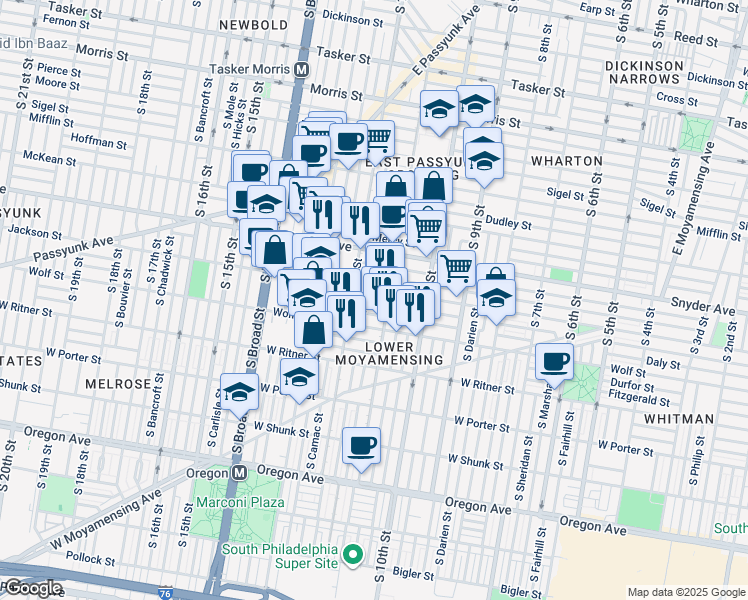 map of restaurants, bars, coffee shops, grocery stores, and more near 1121 Tree Street in Philadelphia