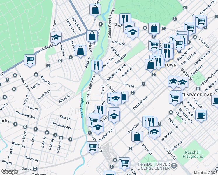 map of restaurants, bars, coffee shops, grocery stores, and more near 7001 Upland Street in Philadelphia