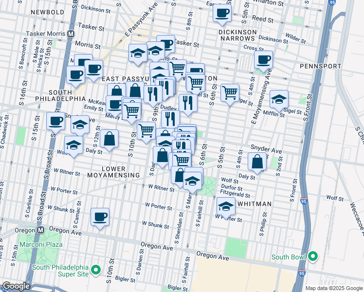 map of restaurants, bars, coffee shops, grocery stores, and more near 703 Winton Street in Philadelphia