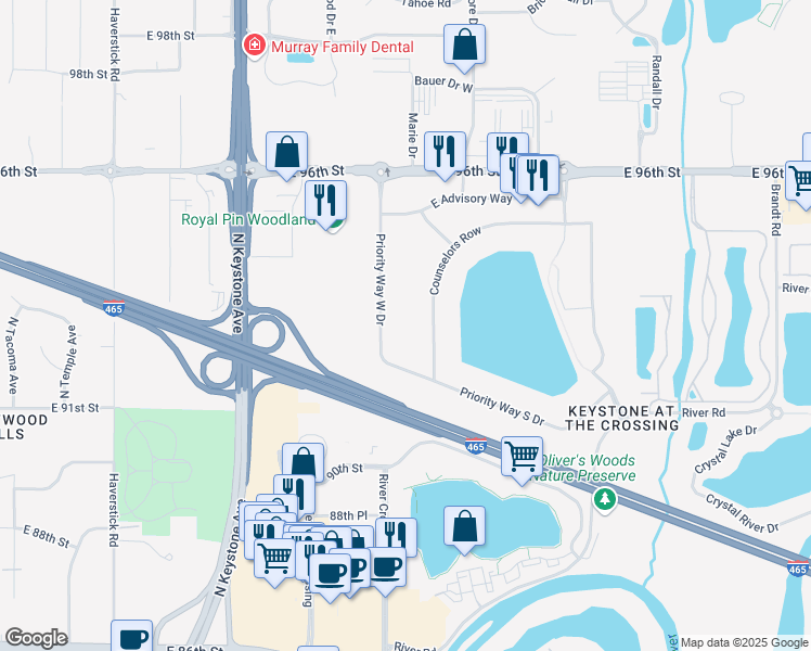 map of restaurants, bars, coffee shops, grocery stores, and more near 9225 Priority Way West Drive in Indianapolis