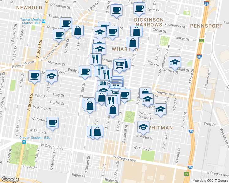 map of restaurants, bars, coffee shops, grocery stores, and more near 701 Winton Street in Philadelphia