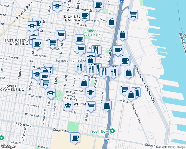 map of restaurants, bars, coffee shops, grocery stores, and more near 2040 South Philip Street in Philadelphia