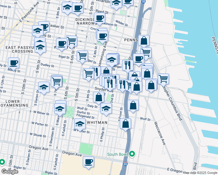 map of restaurants, bars, coffee shops, grocery stores, and more near 2040 South Philip Street in Philadelphia