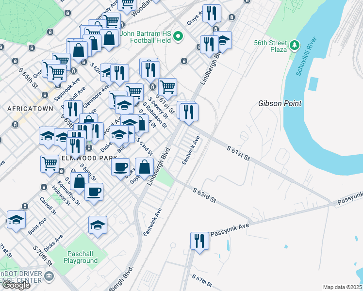 map of restaurants, bars, coffee shops, grocery stores, and more near 2905 South 62nd Street in Philadelphia