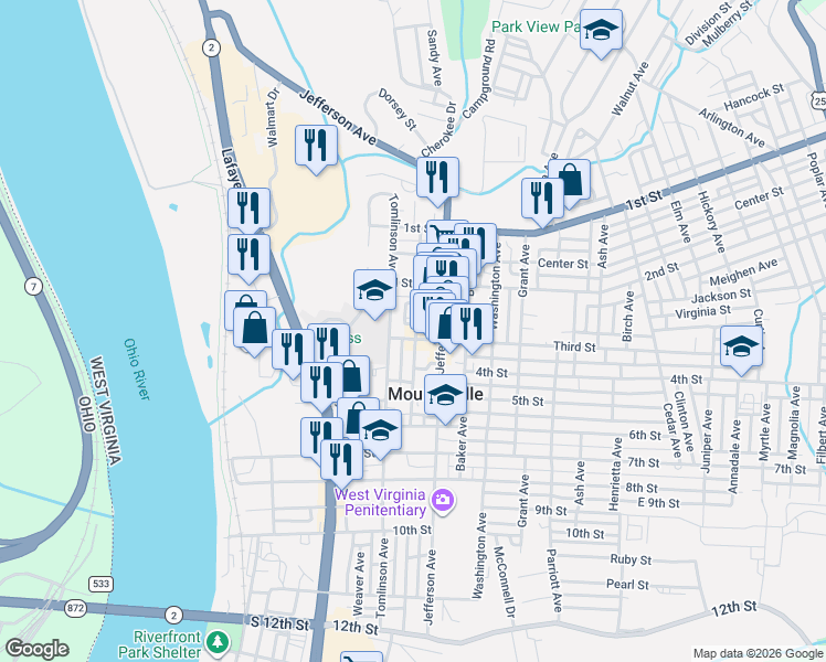 map of restaurants, bars, coffee shops, grocery stores, and more near 712 3rd St in Moundsville