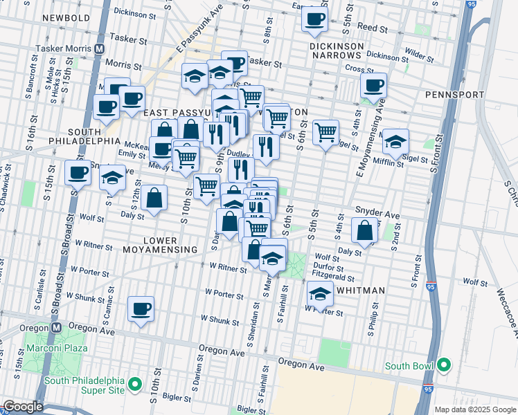 map of restaurants, bars, coffee shops, grocery stores, and more near 701 Winton Street in Philadelphia
