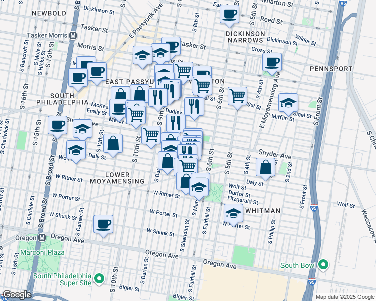 map of restaurants, bars, coffee shops, grocery stores, and more near 703 Winton Street in Philadelphia