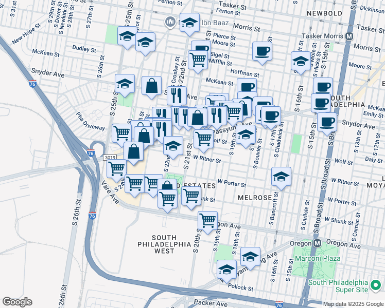 map of restaurants, bars, coffee shops, grocery stores, and more near 2333 South 21st Street in Philadelphia