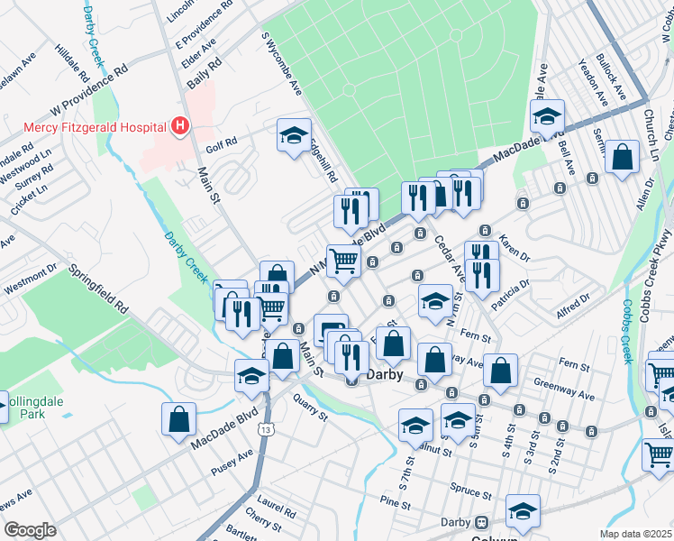 map of restaurants, bars, coffee shops, grocery stores, and more near 114 Mulberry Street in Darby