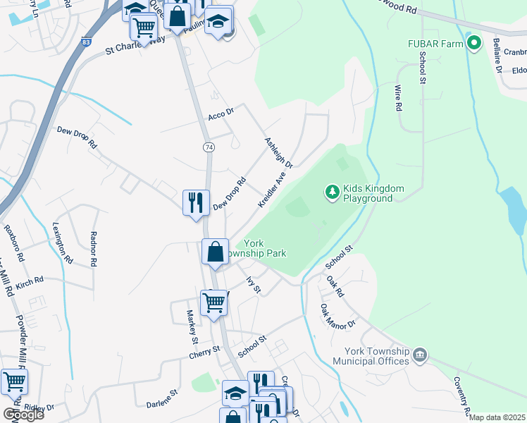 map of restaurants, bars, coffee shops, grocery stores, and more near 136 Kreidler Avenue in York