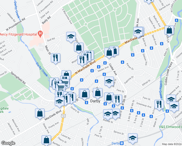 map of restaurants, bars, coffee shops, grocery stores, and more near 924 Summit Street in Darby