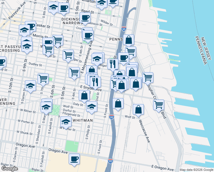 map of restaurants, bars, coffee shops, grocery stores, and more near 109 Emily Street in Philadelphia